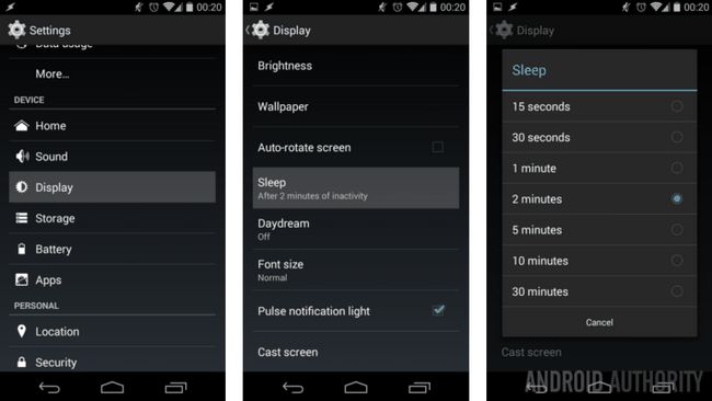 Paramètres de l'écran Android de temporisation affichage du sommeil