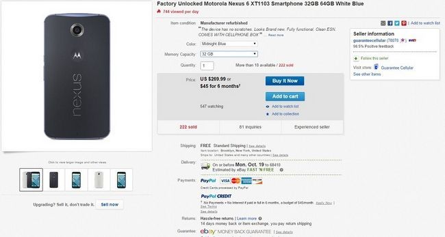 Fotografía - Offre: Nexus 6 (32 Go) maintenant sur Ebay pour seulement $ 270