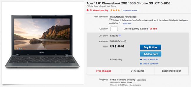 Fotografía - Offre: Rénové Acer C7, CB5 et écran tactile Chromebooks jusqu'à 46% de rabais sur Ebay