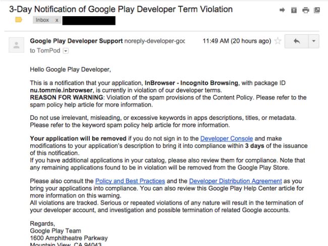 Fotografía - Développeurs: Look Out For This 'notification 3-Day Of développeur Google Play Violation terme' e-mail, car il est un Scam Phishing