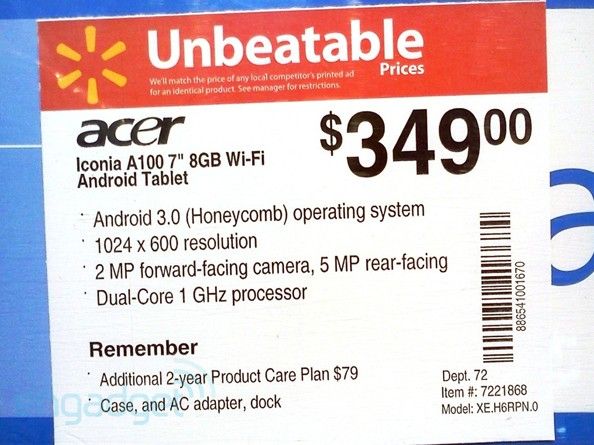 Fotografía - Acer Iconia Tab A100 se faufile dans Walmart, nous coûte 349 $