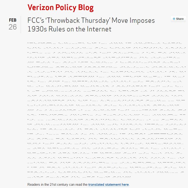 Fotografía - Après annonce de nouvelles règles neutralité du Net FCC, Verizon Obtient Pissy avec un code Morse Réfutation