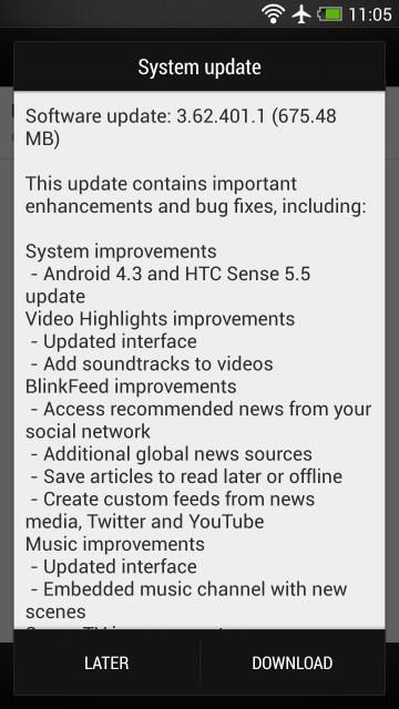 HTC One android 4.3 5.5 sens journal des modifications