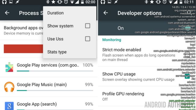 Statistiques Paramètres Android Options pour les développeurs Processus CPU