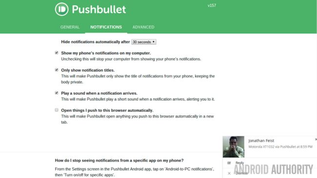 Pushbullet notification Web Paramètres