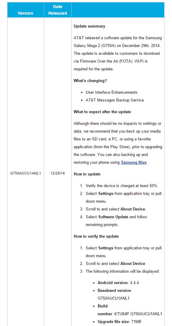 Fotografía - AT & T OTA questions relatives aux petites mises à jour du Samsung Galaxy Mega 2 et Galaxy Tab 8.4 S