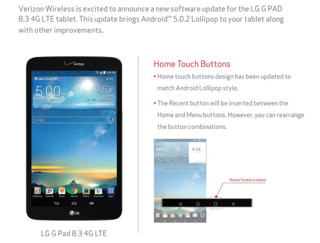 Fotografía - LG G Pad 8.3 LTE sur Verizon Obtient Android 5.0 mise à jour OTA