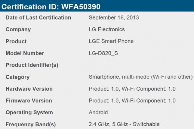 LG Nexus 5 certification Wi-Fi