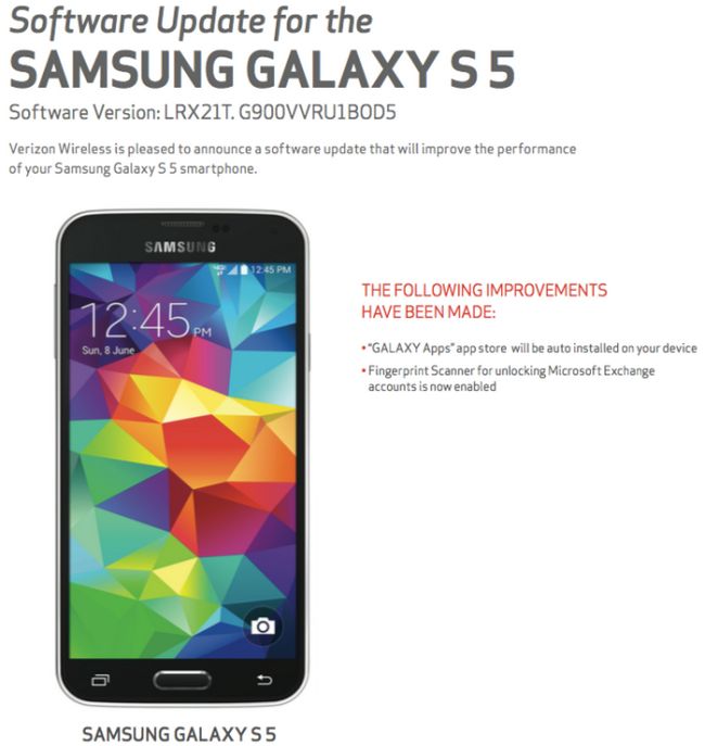 Fotografía - Samsung Galaxy S5 sur Verizon Obtenir mise à jour mineure OTA Pour Ajouter GALAXY applications, l'authentification d'empreinte Pour les comptes de change