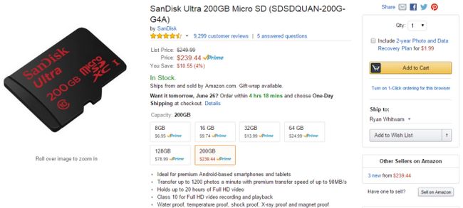 Fotografía - 200GB cartes MicroSD de SanDisk sont maintenant en vente pour 239 $ chez Amazon et 250 $ Chez Best Buy