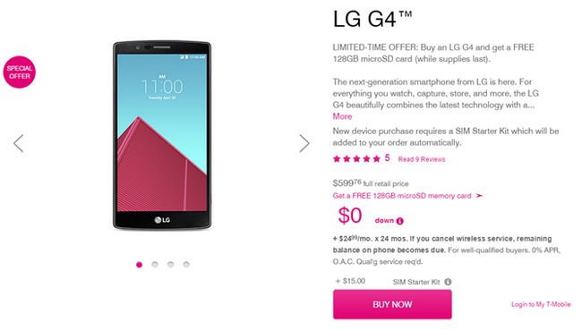 Fotografía - T-Mobile commence à vendre Le G4 LG: 25 $ par mois ou 600 $ sans contrat, avec une carte MicroSD de 128 Go gratuit