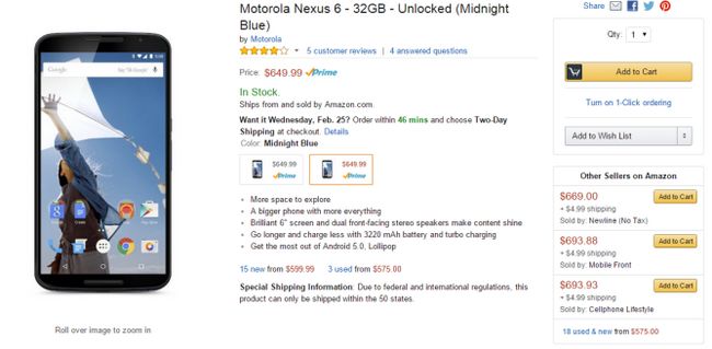Fotografía - Le 32Go Nexus 6 est désormais disponible via Amazon avec le Premier port