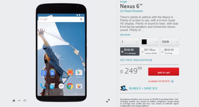 Fotografía - Le Verizon Nexus 6 Trier page est en ligne, les navires le 18 Mars au prix de 249,99 $ avec 2 ans de contrat