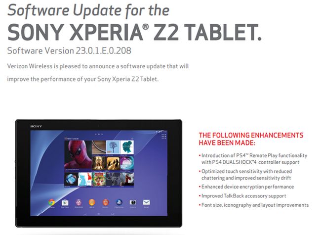 Fotografía - Verizon Xperia Tablet Z2 obtient une mise à jour OTA avec un jeu Remote Support PS4 Et quelques autres améliorations